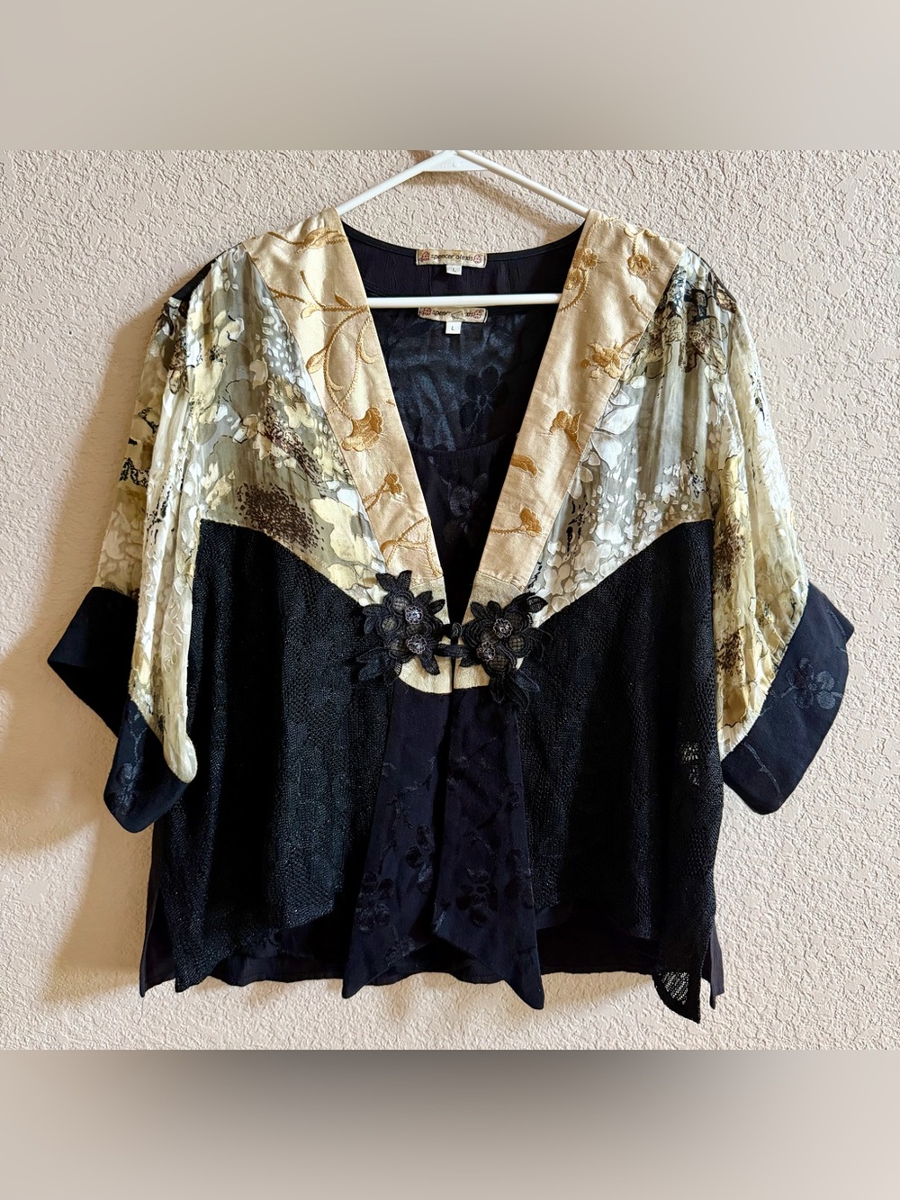 VTG Spencer Alexis Top Womens L Black Gold Floral Kimono Fairy Ethereal Y2K 90s
